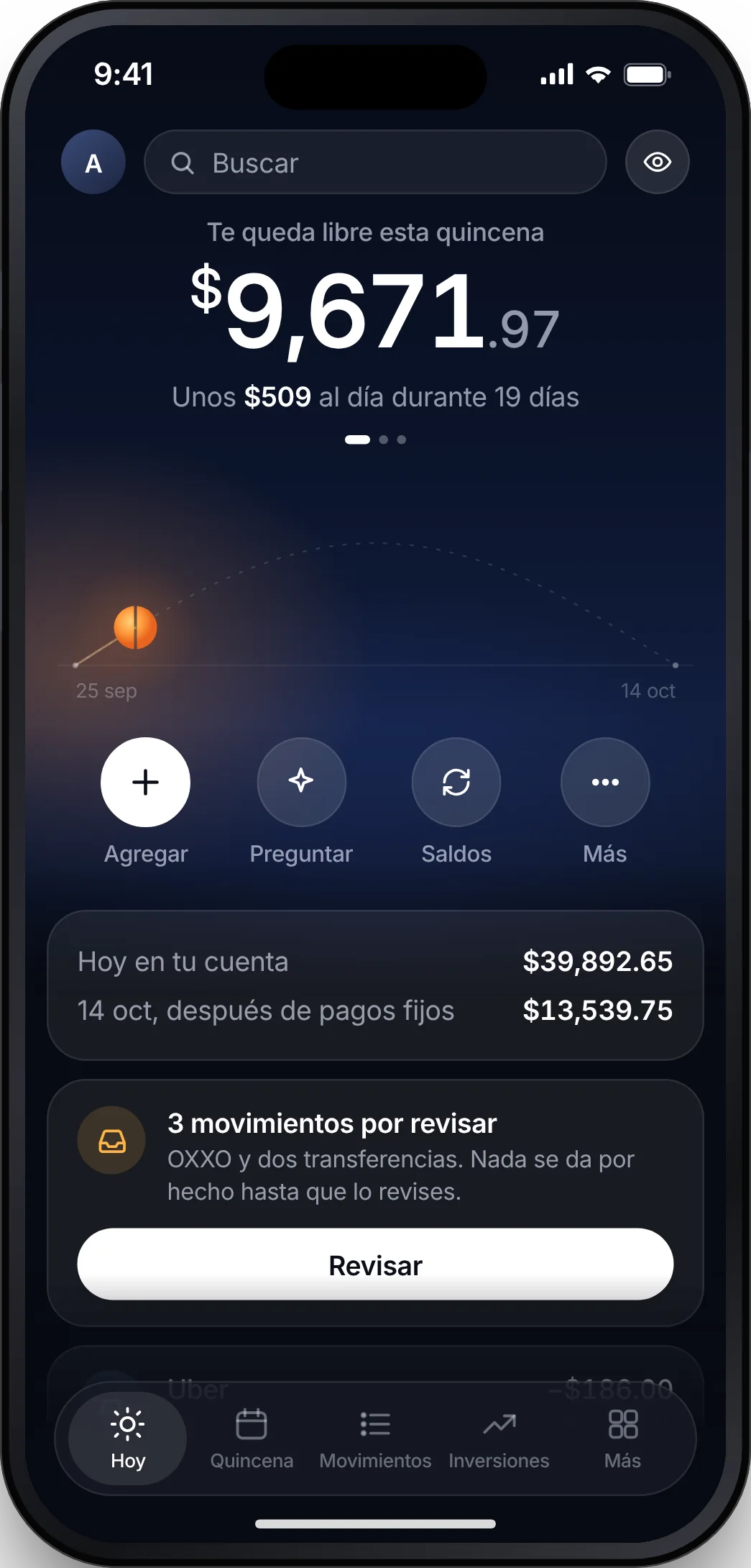 Meridiano Today screen: what is left this pay period