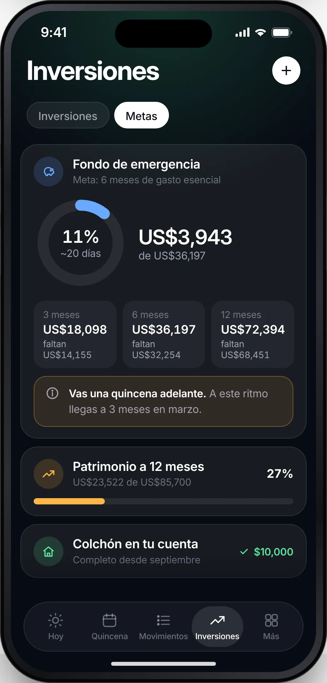 Goals screen: emergency fund