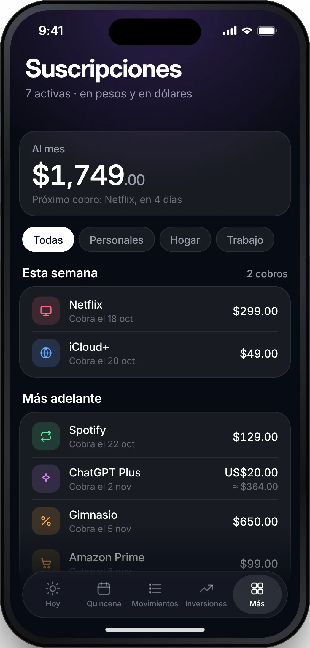 Subscriptions screen